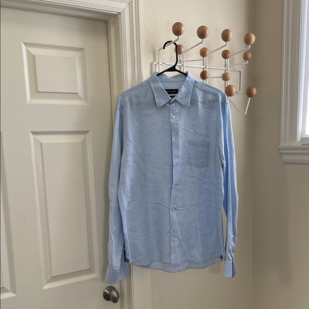 Massimo Dutti - Linen Old Money Classic Button Down Long Sleeve Shirt Blue XL